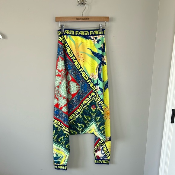 Farm Rio Patchwork Pants Logo Yellow Green Harem Pant Pull On Sz XS NEW - Picture 2 of 11